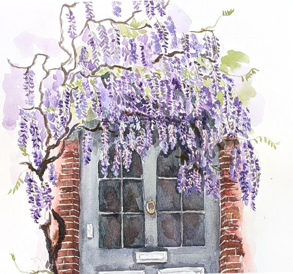 Original London Wisteria Watercolor Painting, Grey Door City View