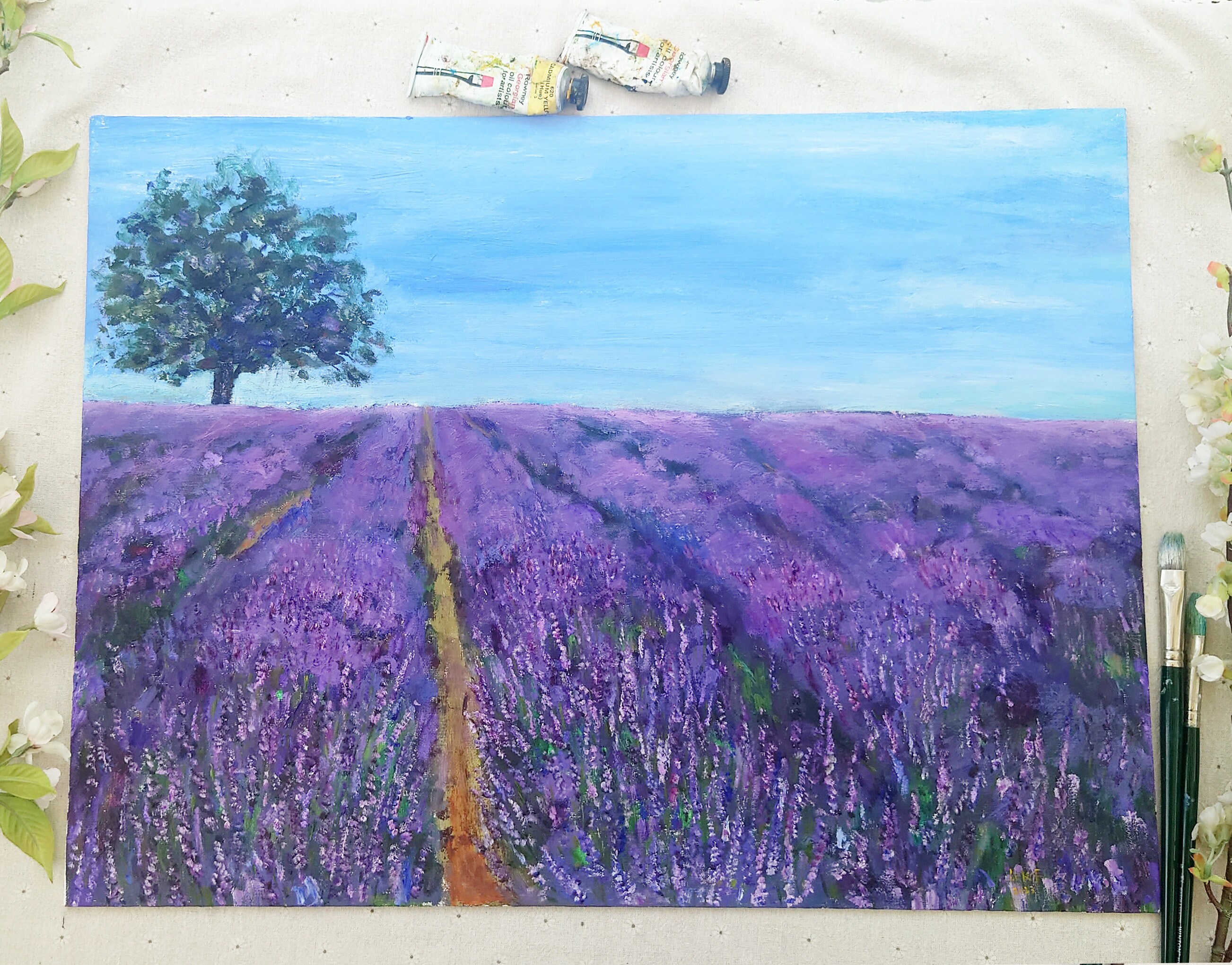 ロンドン・メイフィールド作 ラベンダー畑 油絵（キャンバス） 60×45cm