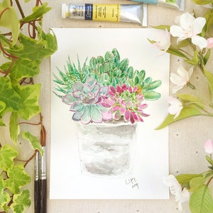 dipinto originale, cactus e succulente in vaso, pittura botanica, pittura succulenta, acquerello, pianta, Illustrazione botanica,