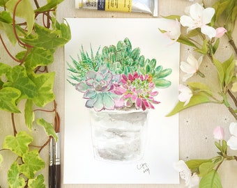 Blumenbild, Botanische Illustration, Kaktus und Sukkulente im Topf, Blumenbild, Aquarell, botanische Illustration,