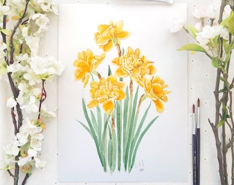 Original Daffodil Watercolor Painting: Botanical Illustration, Floral Art