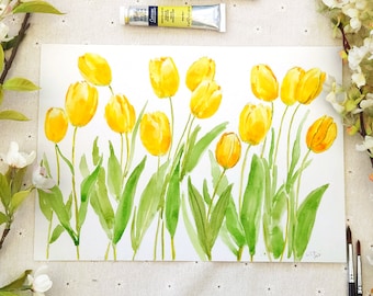 Original Yellow Tulips Watercolor Painting: Botanical Illustration