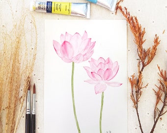 Originalgemälde, lila afrikanische Lilie im Topf Aquarell, Blumengemälde, Blume, Botanische Illustration,