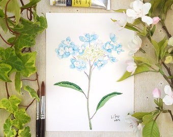 Originalgemälde, blaue Hortensienblumenmalerei, Botanische Malerei, Blumenmalerei, Aquarell, Blume, Botanische Illustration,