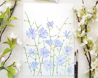 May include: Watercolour painting of a bouquet of blue chicory flowers with green stems on a white background. The painting is signed and dated "G.T. 2019".