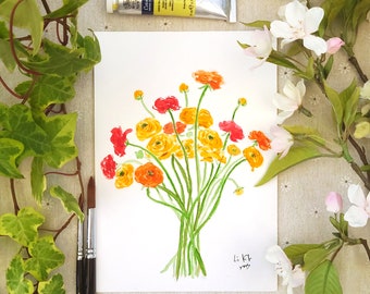 peinture originale, renoncule jaune, renoncule de Perse, fleur, peinture botanique, peinture florale, aquarelle, illustration botanique,