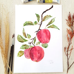 Pittura ad acquerello originale, pittura di frutta mela rossa, illustrazione botanica, pittura alimentare, arte vegetale, arte agricola