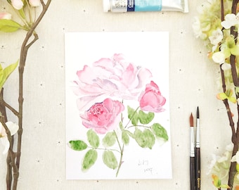 May include: Watercolour painting of two pink roses with green leaves on a white background. The painting is signed "Lily Grace".