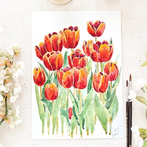 Peinture originale peinte à la main, tulipes oranges, peinture botanique, peinture florale, fleur de printemps, illustration botanique, nature morte