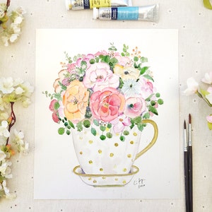 dipinto originale, fiori colorati in una tazza di tè dorata, pittura botanica, pittura floreale, acquerello, Illustrazione botanica,