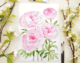 May include: Watercolour painting of four pink peonies with green leaves and stems on a white background.
