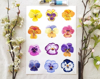 Original Pansy Watercolor Painting: Botanical Floral Art (10.7x14.8 inches)
