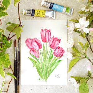 peinture originale, tulipes roses, peinture de fleurs, peinture florale, peinture à l'aquarelle, peinture à la main, illustration botanique, fleur de tulipe