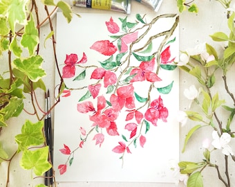 Original Bougainvillea Watercolor Painting: Reddish Pink Floral Botanical Art