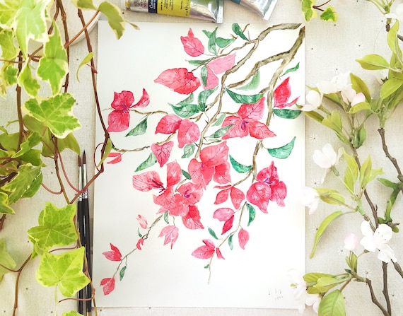 【絵画】ボタニカルアート「ブーゲンビレア」　原画 ブーゲンビリアの水彩画（オリジナル）：赤みがかったピンクの花の