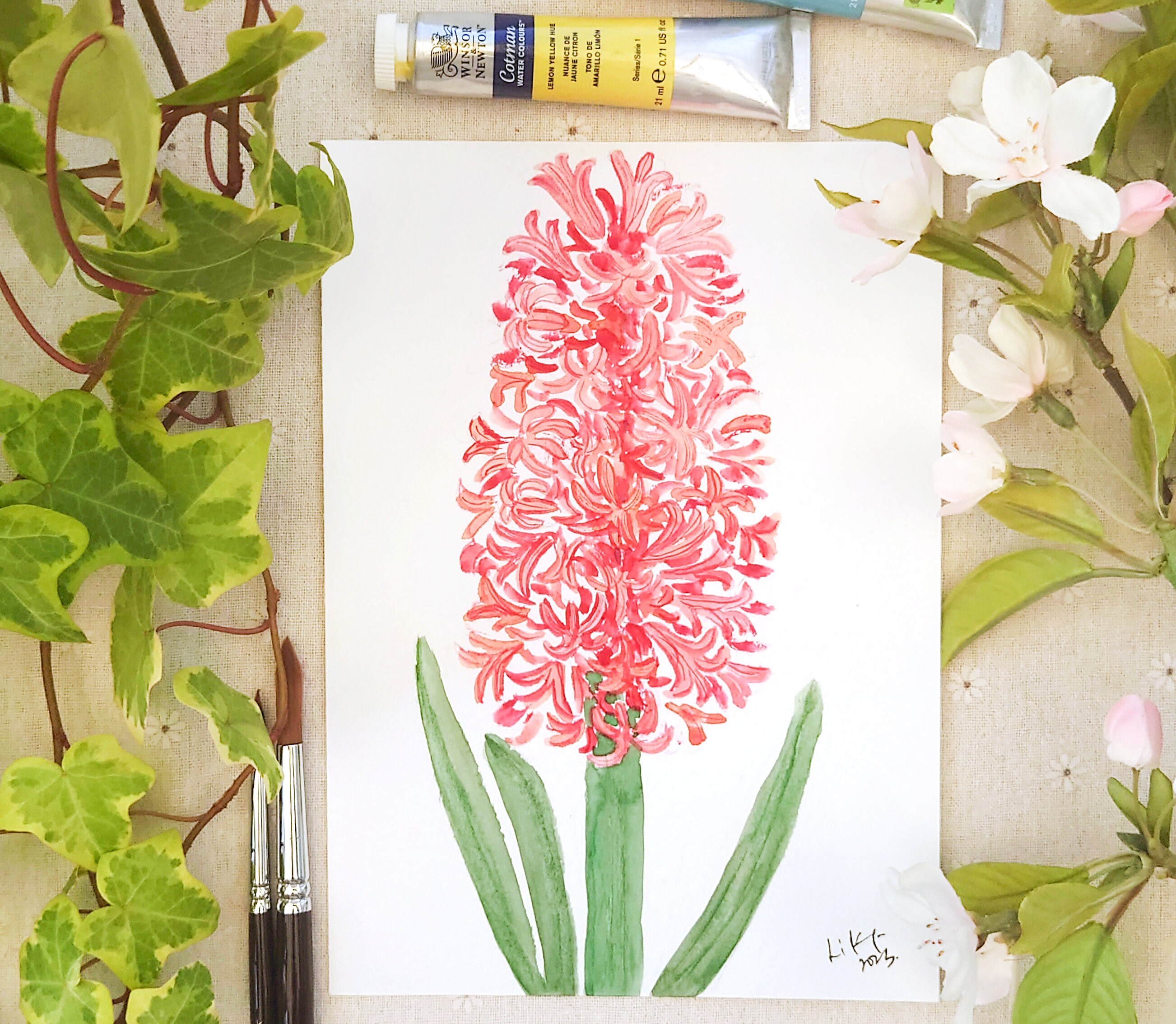 オリジナルピンクのヒヤシンスの水彩画：植物イラストA5 - Etsy 日本