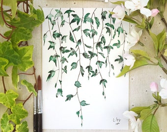 original painting, Ivy on the wall watercolor  , plant painting,  leaf arts , Botanical Illustration, greenery, zen painting