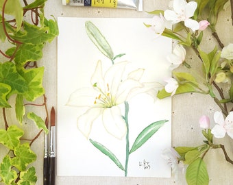 Originalgemälde, weiße Lilienblumenmalerei, botanische Malerei, Blumenmalerei, Aquarell, Blume, botanische Illustration,