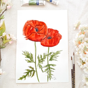 dipinto originale, 2 fiori di papaveri arancioni, dipinto botanico, dipinto floreale, acquerello, fiore, illustrazione botanica, fiore d'arancio