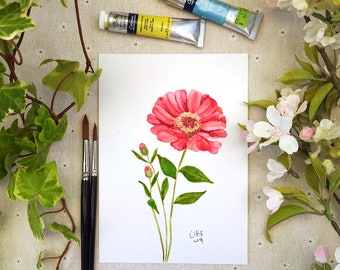 Red zinnia flower painting, Botanical painting, floral painting,  watercolour painting, Flower Painting, Botanical Illustration,