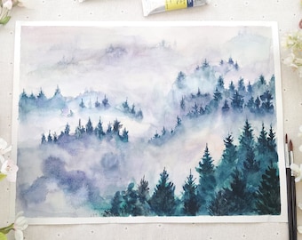 オリジナルの水彩画：森の中、森の風景、秋のハイキングコースの絵画