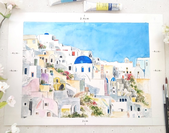 サントリーニ島のオリジナル水彩画：エーゲ海の風景画 - Etsy 日本