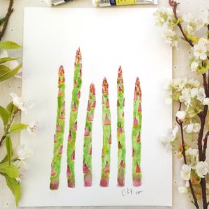 Pittura di asparagi, pittura ad acquerello originale dipinta a mano, illustrazione botanica, pittura di cibo, arte vegetale, arte agricola, arte vegetale