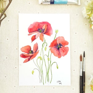 3 Red poppy painting, Botanical painting,floral painting,  original painting, watercolour painting, Flower Painting, Botanical Illustration,