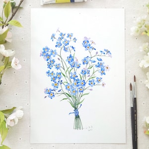 Original Watercolour Forget-Me-Not Bouquet – Hand Painted Blue Wildflower Art – Botanical Floral Wall Decor – Gift for Flower Lover