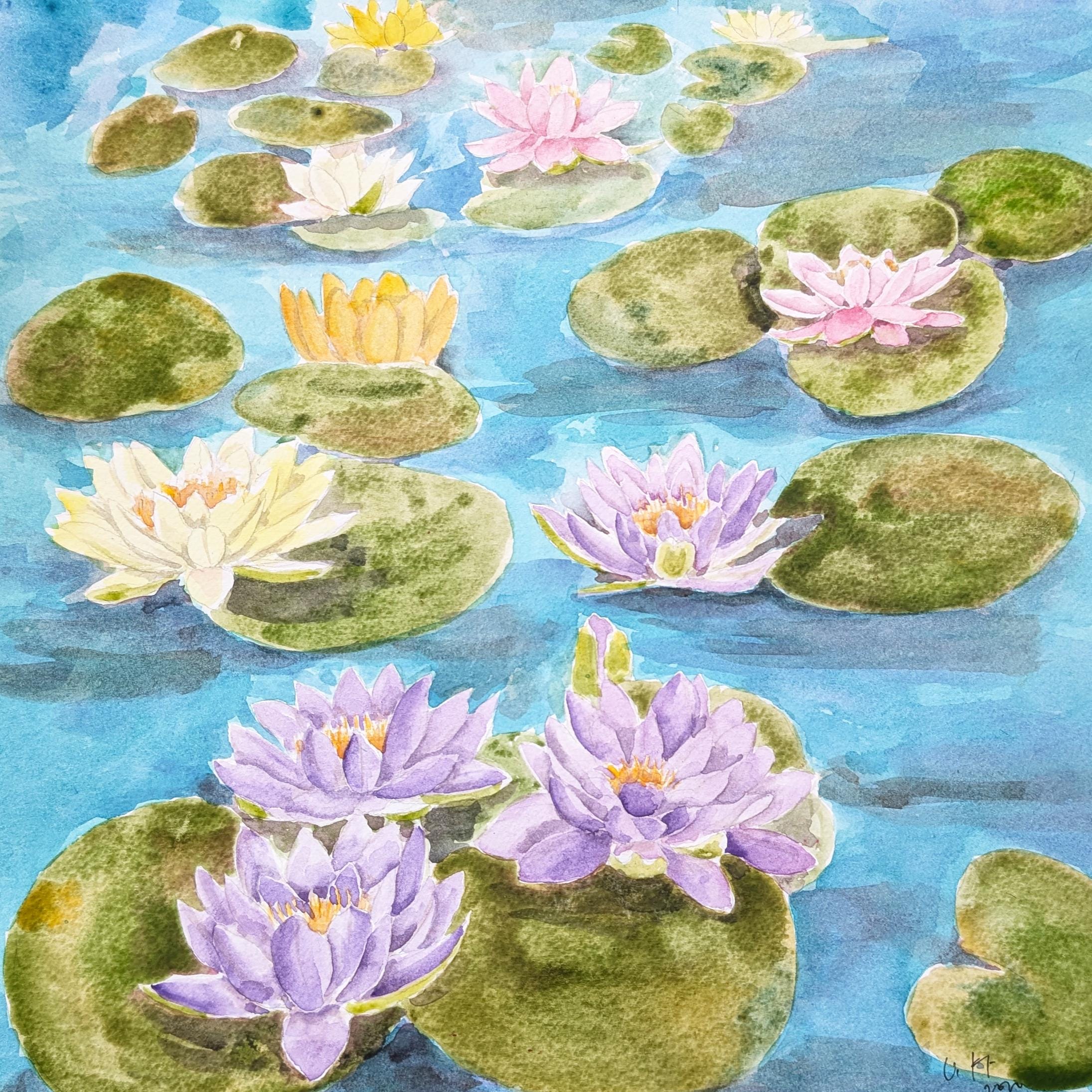 手描きの紫色の睡蓮の水彩画：オリジナルの花と植物のアート - Etsy 日本