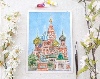 Saint Basils Cathedral  Watercolour Painting: Original Cultural heritage religious building Art