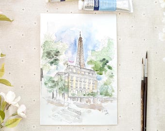 モンマルトル パリ 水彩画：サクレ・クール寺院 秋の街並み - Etsy 日本