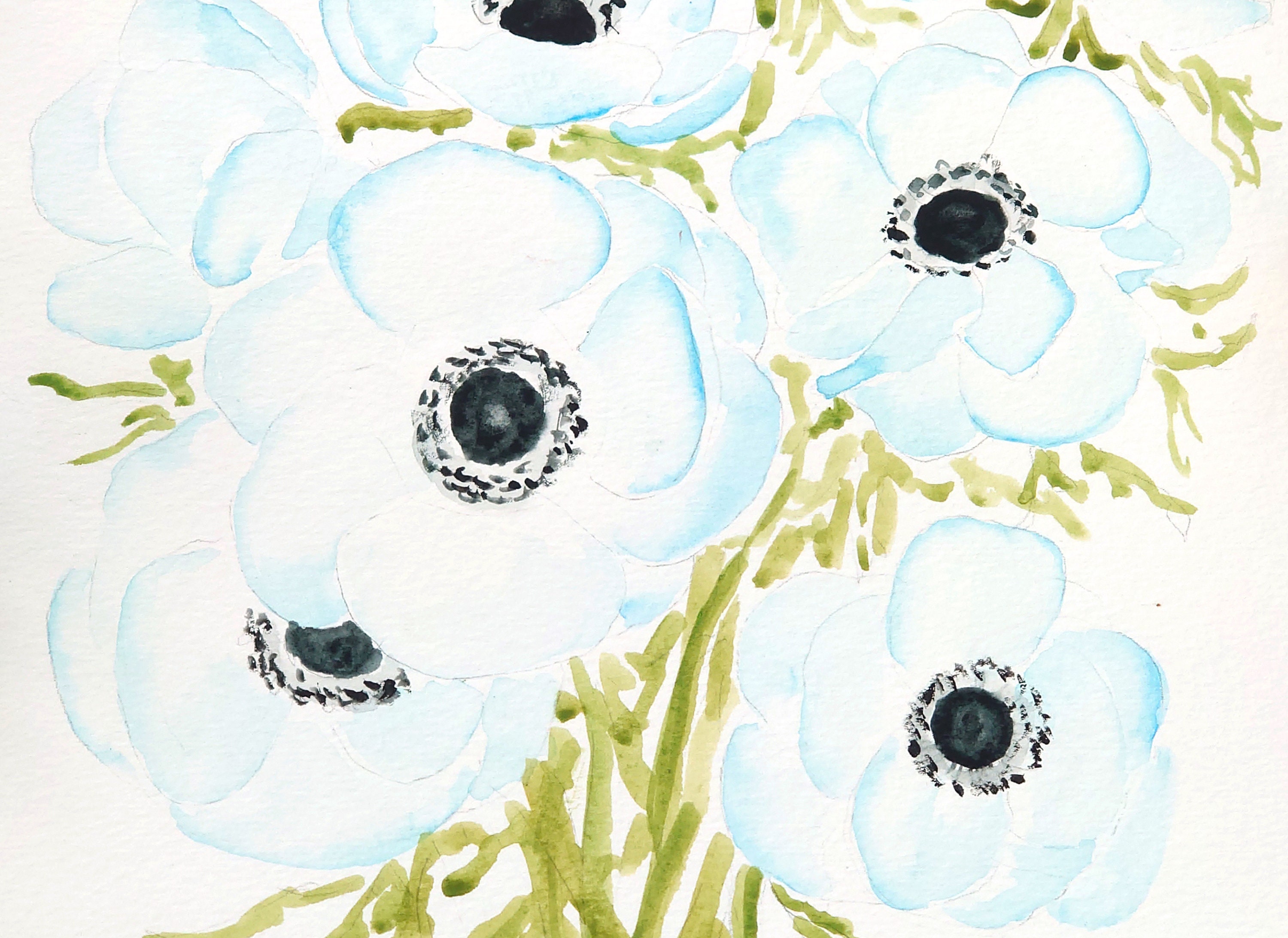 オリジナルブルーアネモネ水彩画：花のボタニカルアート（A4） - Etsy 日本