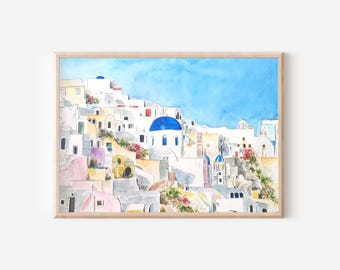 サントリーニ島のオリジナル水彩画：エーゲ海の風景画 - Etsy 日本