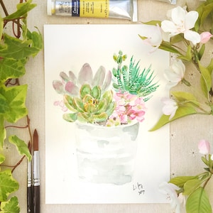 dipinto originale, pittura succulenta in vaso, pittura botanica, pittura succulenta, acquerello, pianta, cactus, Illustrazione botanica,