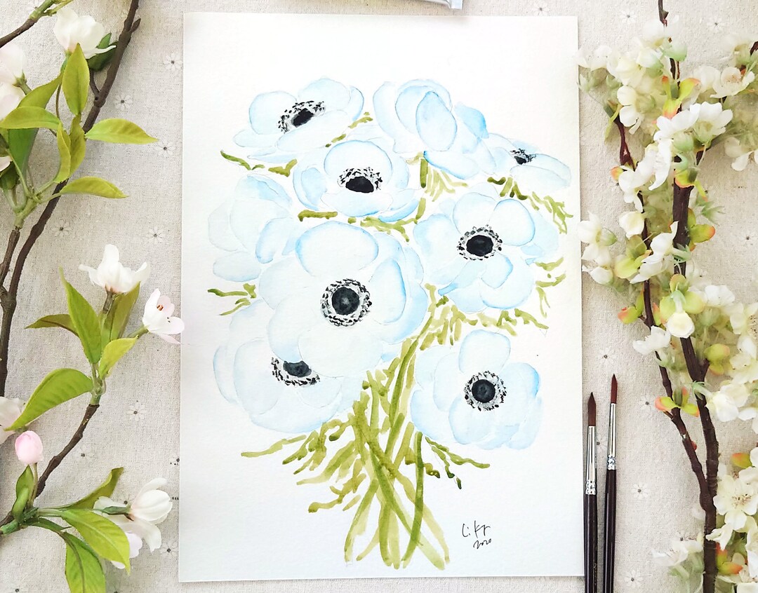 オリジナルブルーアネモネ水彩画：花のボタニカルアート（A4） - Etsy 日本