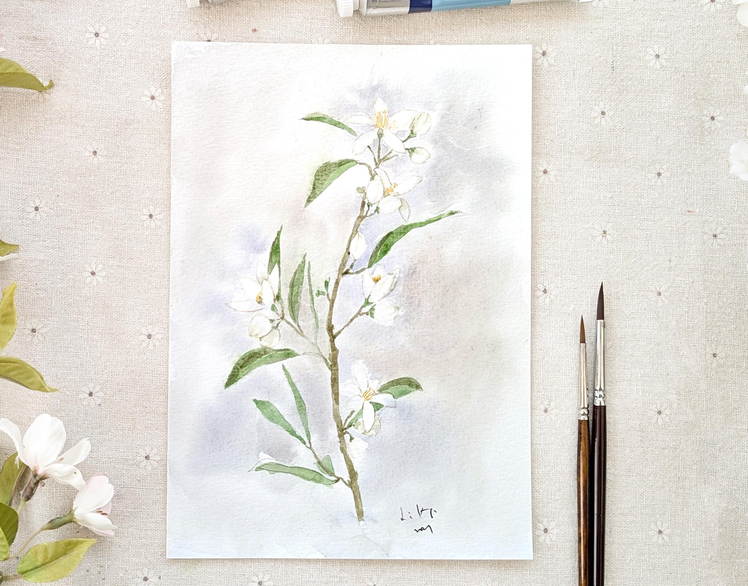 手描きの白い花の水彩画：ボタニカルアート - Etsy 日本