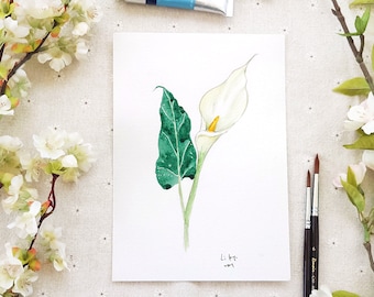 Original White Calla Lily Watercolor Painting: Botanical Art (A5)