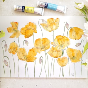 Original Aquarell Mohnblumen Gemälde: Botanische Blumenkunst, Signiert A4