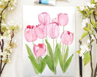 May include: Watercolour painting of pink tulips with green leaves on a white background. The painting is signed "L.S.F. 2019".