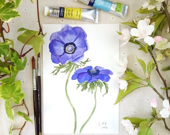 purple anemone flowers,  flower painting, original painting, floral painting,  watercolour painting, hand paint , Botanical Illustration,