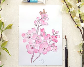 桃の花の版画 – 墨と水彩画（複製） - Etsy 日本