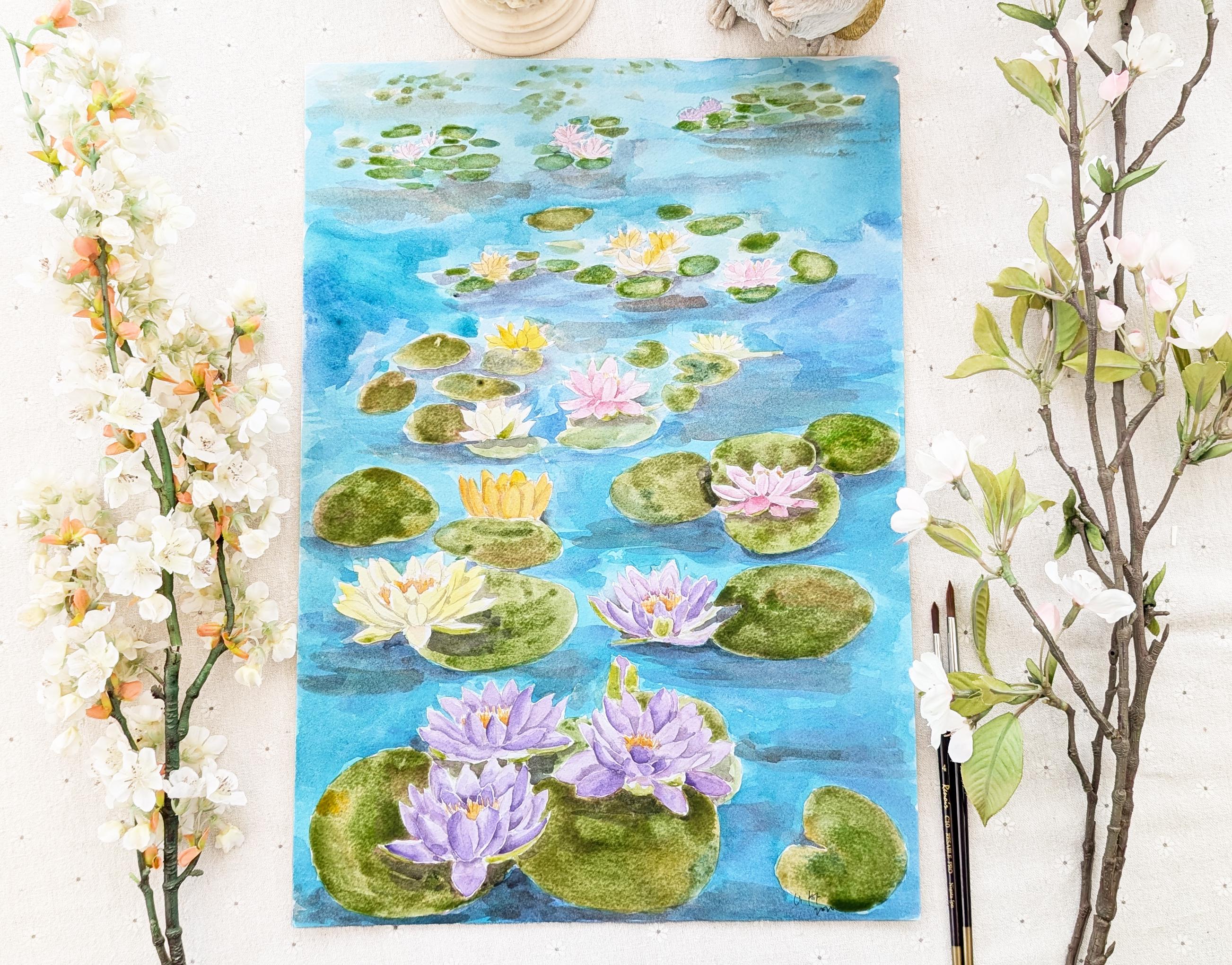 手描きの紫色の睡蓮の水彩画：オリジナルの花と植物のアート - Etsy 日本