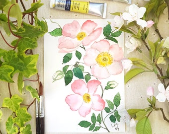 Rosa Rosa, Rosa Rugosa, Blumenmalerei, Botanische Malerei, Blumenmalerei, Originalgemälde, Aquarell, Botanische Illustration, Rose