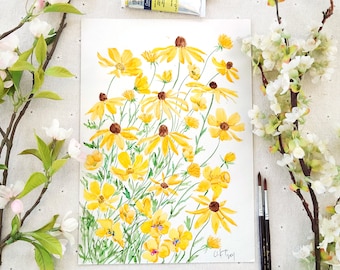 Original Yellow Cosmos Watercolor Painting: Botanical Illustration