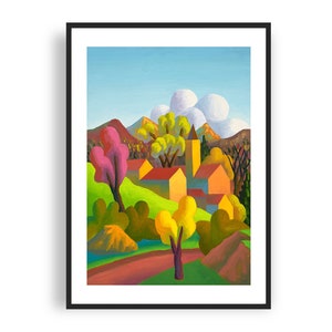 May include: A painting depicting a colourful landscape with a village in the distance. The sky is blue with white clouds. The trees are green, yellow and pink. The houses are yellow and orange.