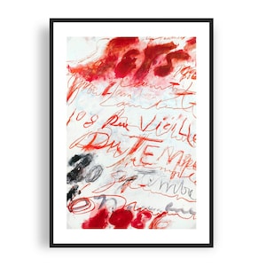 May include: Abstract painting with red, black, and gray brushstrokes and handwritten text in French, including "108 Rue Vieille Du Temple".