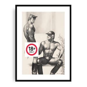 May include: A framed print with a sepia-toned illustration of two muscular figures. One stands, wearing a cap and boots, while the other sits, also in a cap and boots. A red and white "18+ ONLY" symbol is visible.