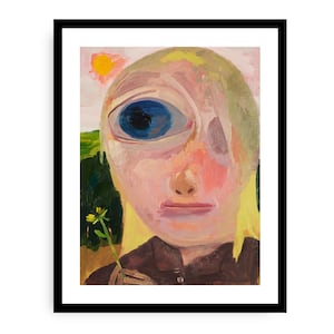 May include: A painting of a person with a large blue eye, pink skin, and blonde hair. The person is holding a small yellow flower in their hand. The background is a blurry green and yellow.