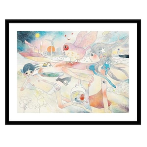 Aya Takano - Invocó a sus búhos y miró hacia allá. Los edificios brillaban, póster de arte asiático japonés, póster de manga y anime